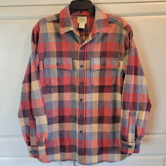 L.L. Bean Red Tan Gray Heavyweight Flannel Long Sleeve Button Up Shirt - Picture 1 of 4